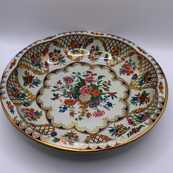 Daher England Serving Fruit Bowl Decorated Ware Tin Floral Gold Vintage 1971 - Picture 2 of 9